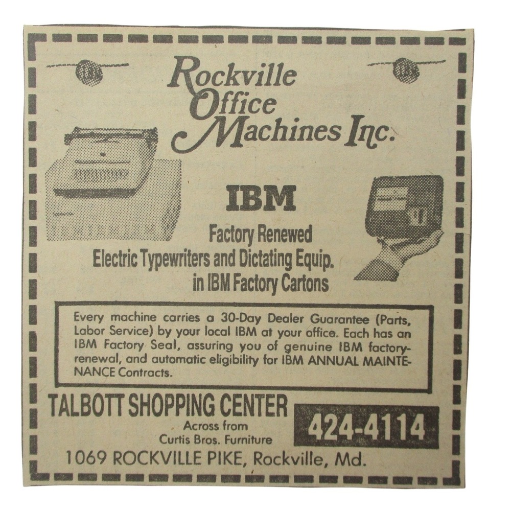 Vintage IBM Typewriter Ad Rockville Office Machines Maryland Ephemera 3.5x3.5
